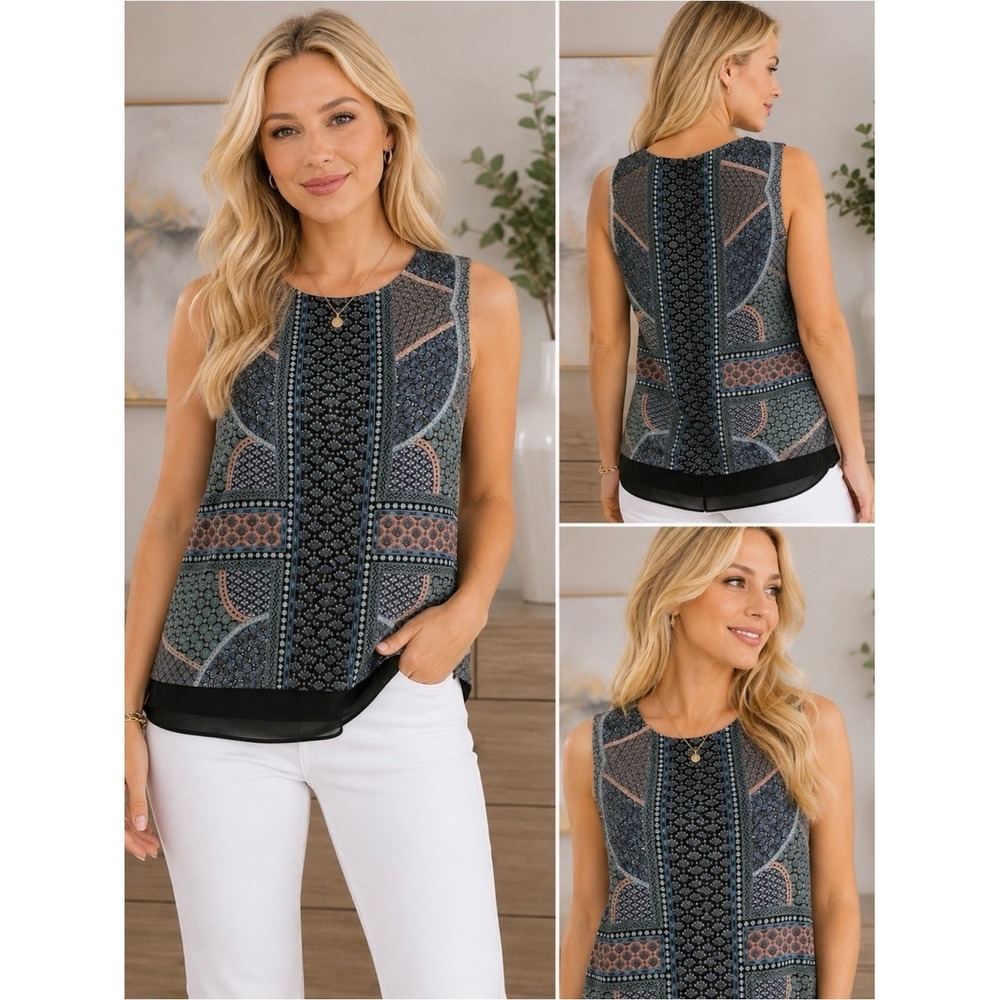 Rose & Olive Sleeveless Printed Blouse Sheer Hem Size Medium